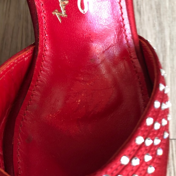 Marchez Vous Red Heels with Rhinestones and Ankle Strap, Size 6 - Picture 9 of 13